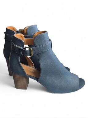Denver Hayes Denim-Textured Blue Cutout Block Heel Booties